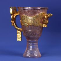 Fine old glass-covered gold panlong cup