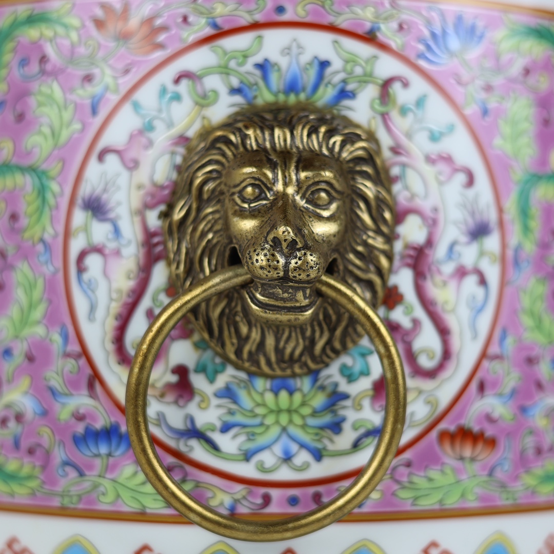 Pastel colorful inlaid copper lion ring double-ear lid jar - Image 6 of 9