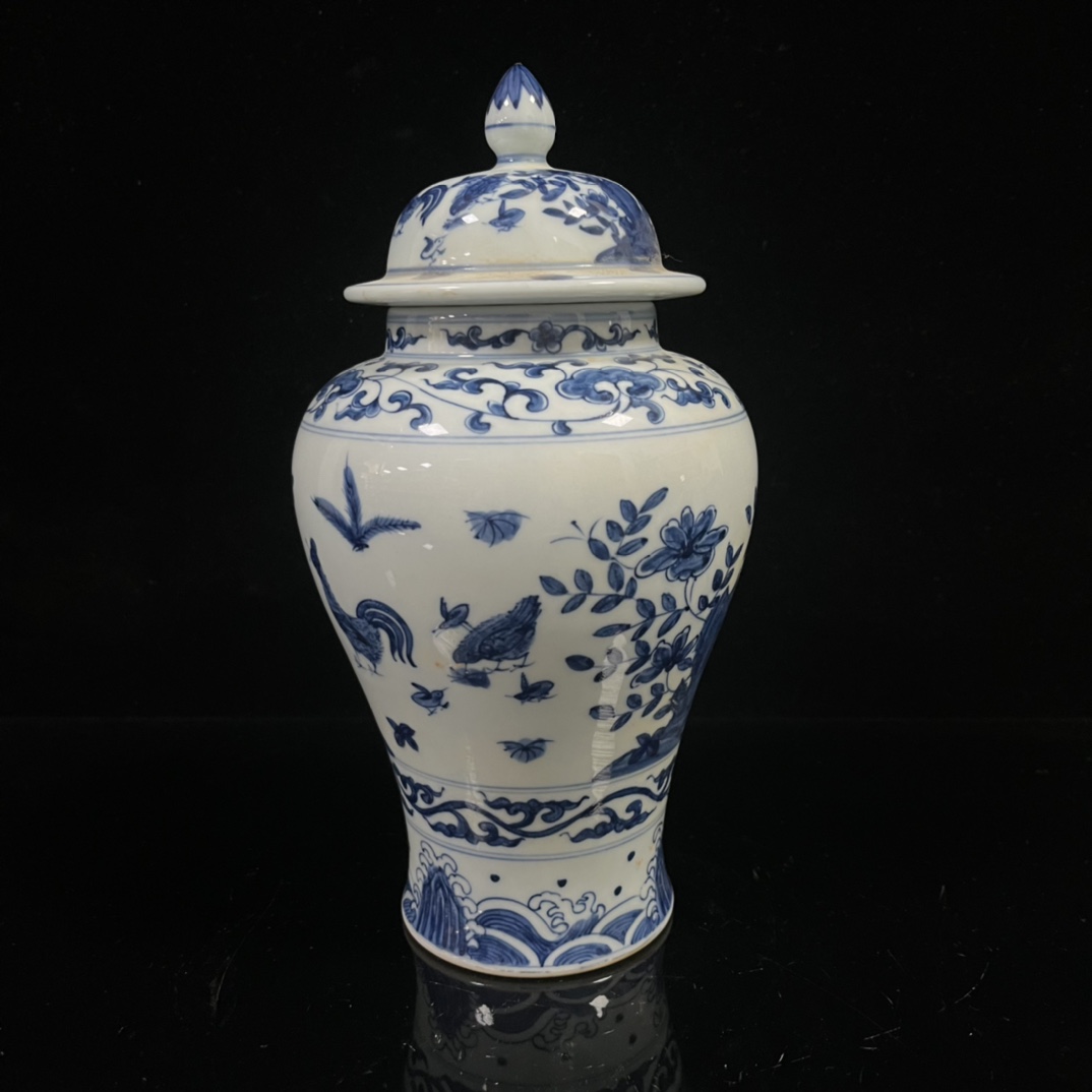 Ming Dynasty Chenghua year blue and white painted chicken and flower general jar - Image 6 of 8