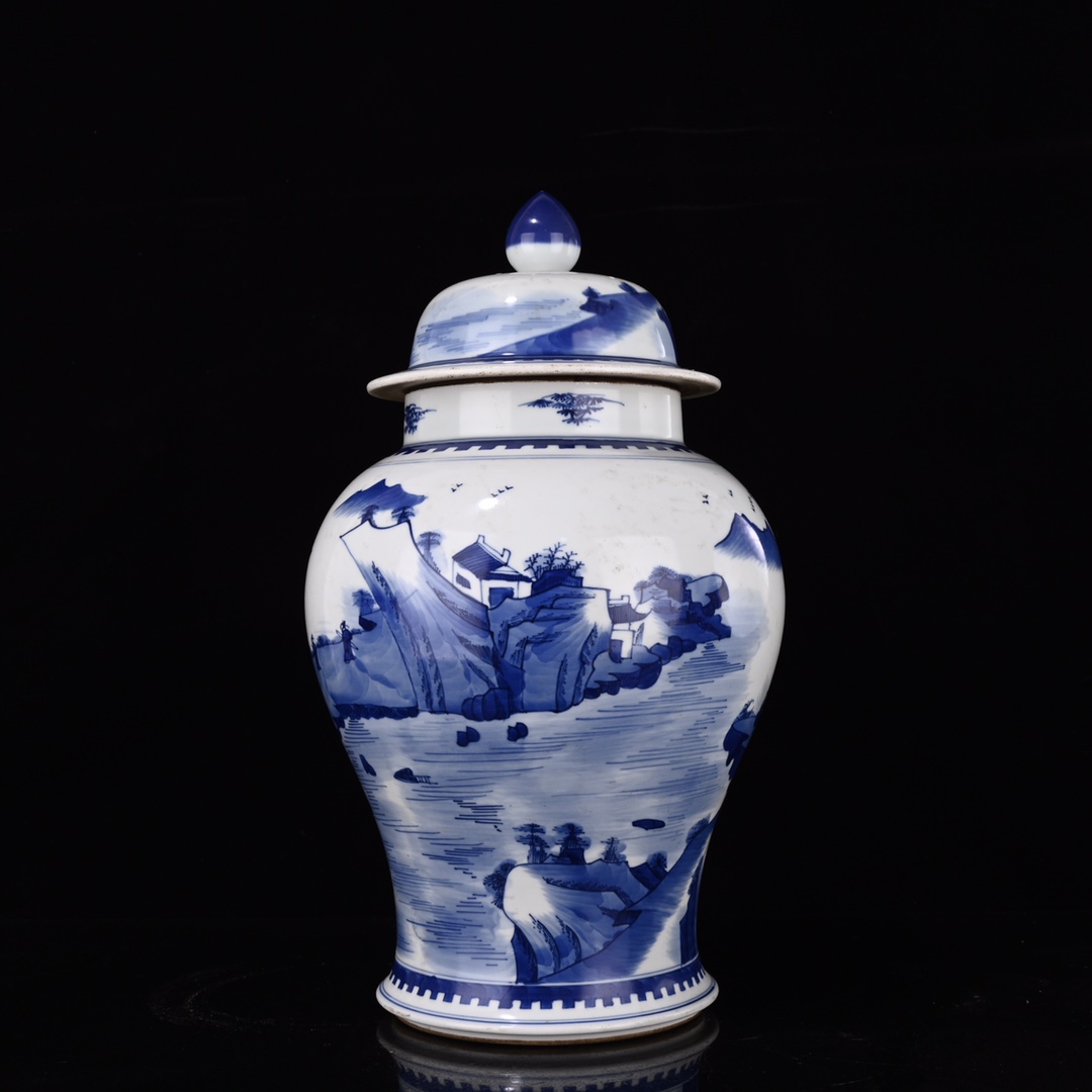 Qing Kangxi blue and white landscape general jar - Image 3 of 9