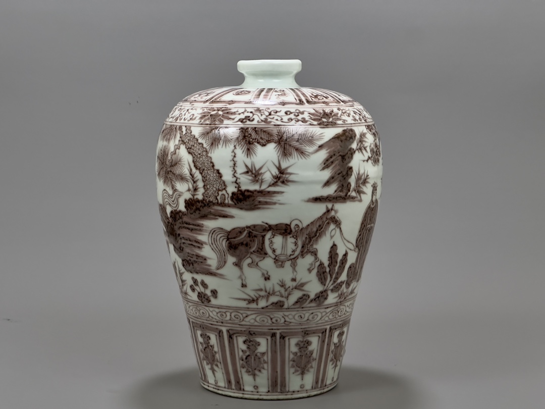 Yuan Dynasty underglaze red plum vase with character story of Xiao He chasing Han Xin under the moon - Image 5 of 9