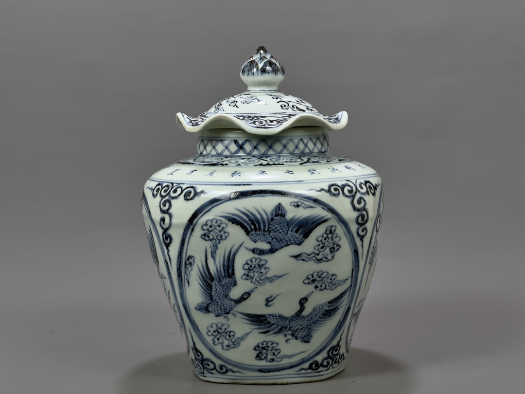 Ming Hongwu blue and white phoenix pattern lotus leaf jar - Image 5 of 9
