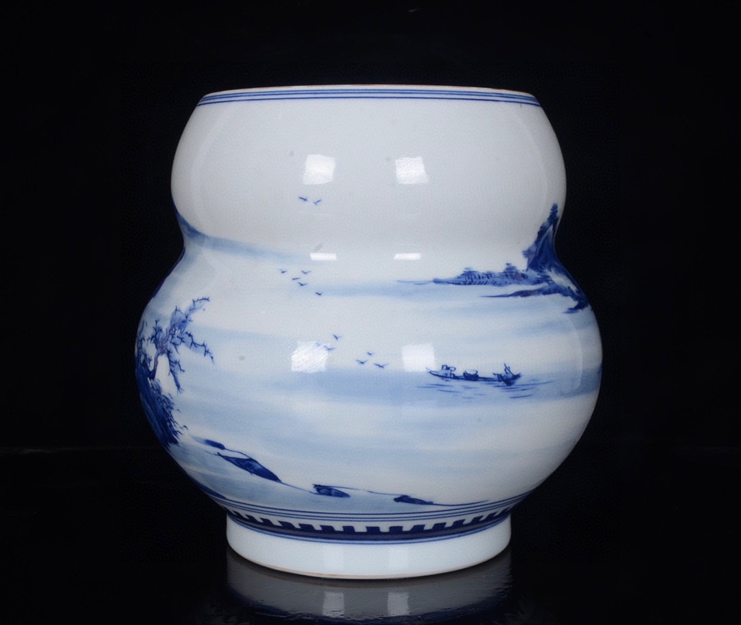 Qing Kangxi blue and white landscape pattern lid jar - Image 5 of 9