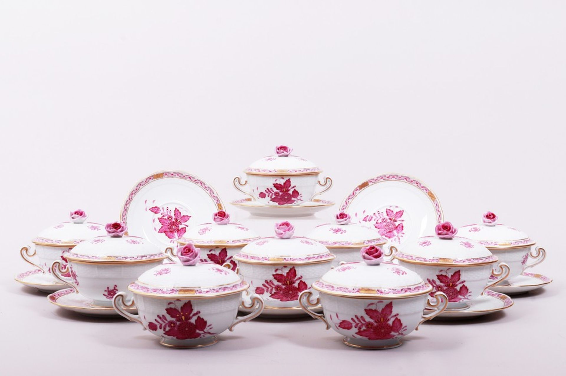 Ten soup cups with saucers, Herend, Hungary, “Apponyi Purple” decor, late 20th C./c. 2000