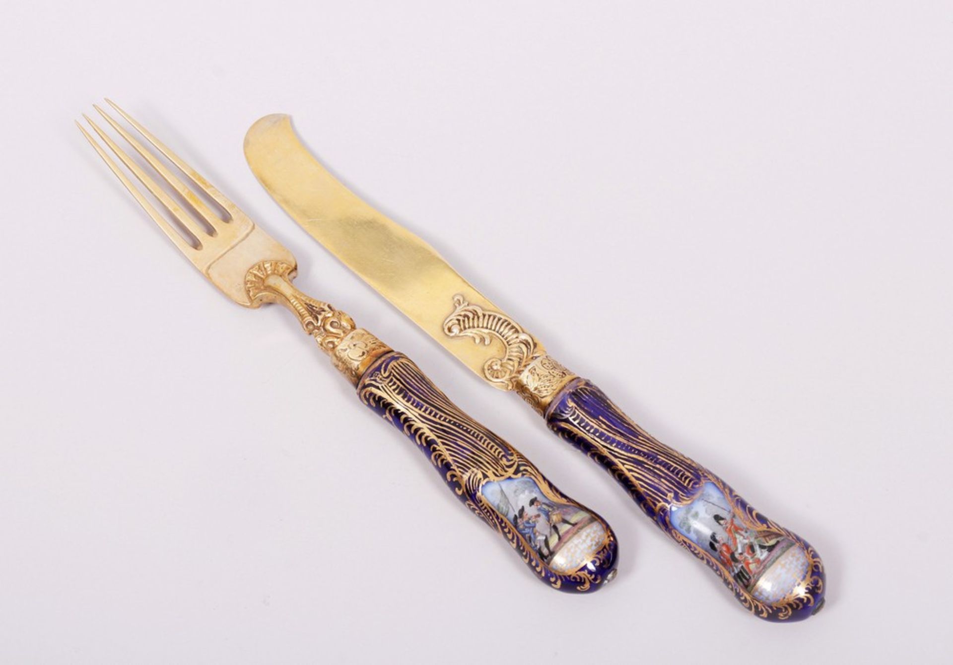Late Baroque dining knife and fork, silver/gilt, probably German, mid-18th C.