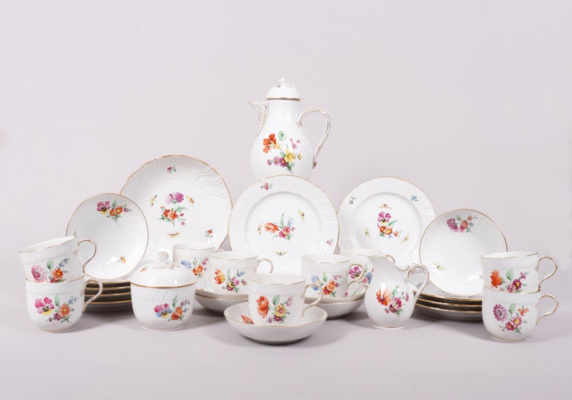 Coffee service for 9 people, KPM-Berlin, shape "Neuosier", "Blumen- und Schmetterlingsdekor", 20th 