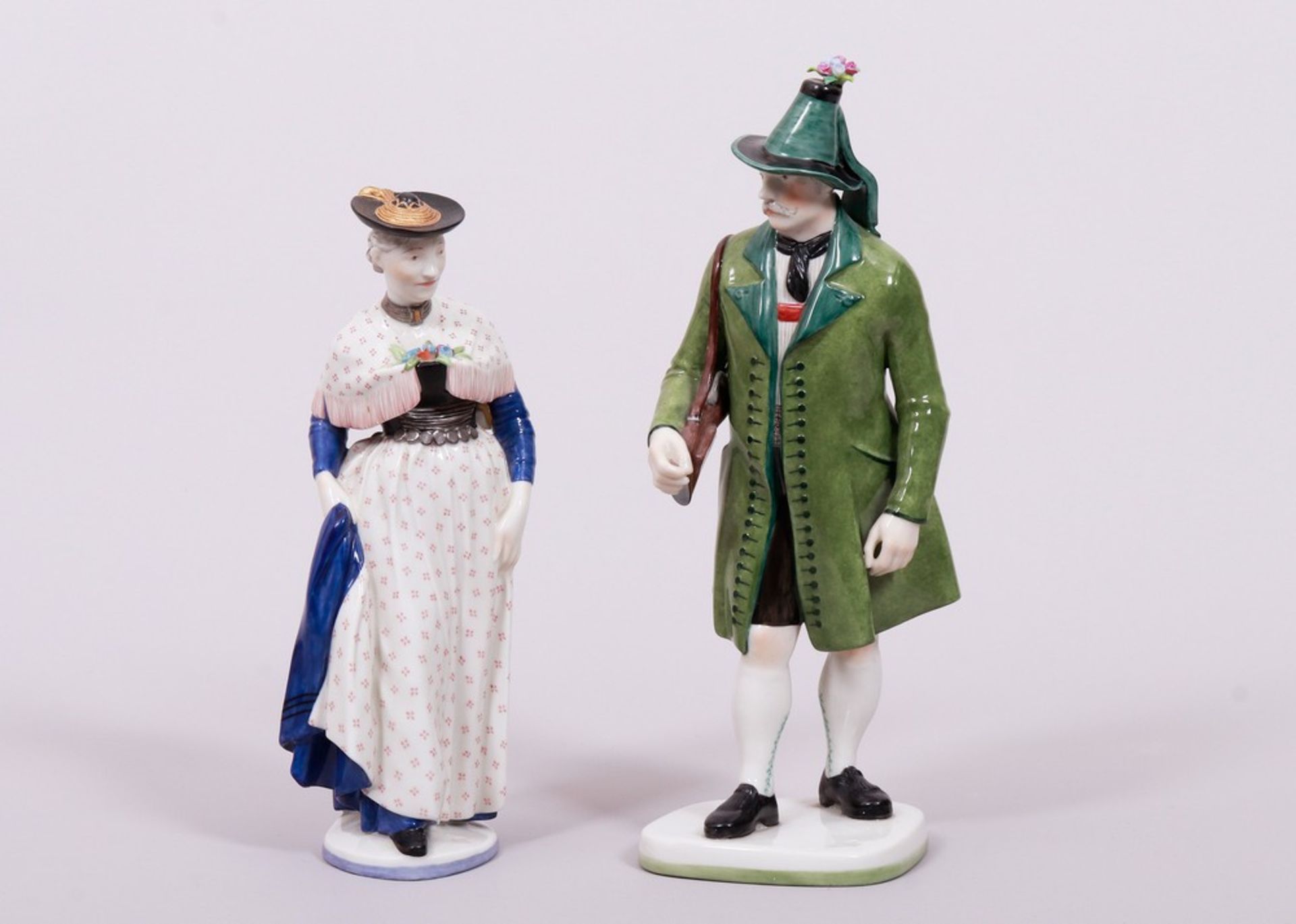 Pair of porcelain figures, "Miesbacherin" and "Tiroler Schütz", design Resl Schröder-Lechner for Ny