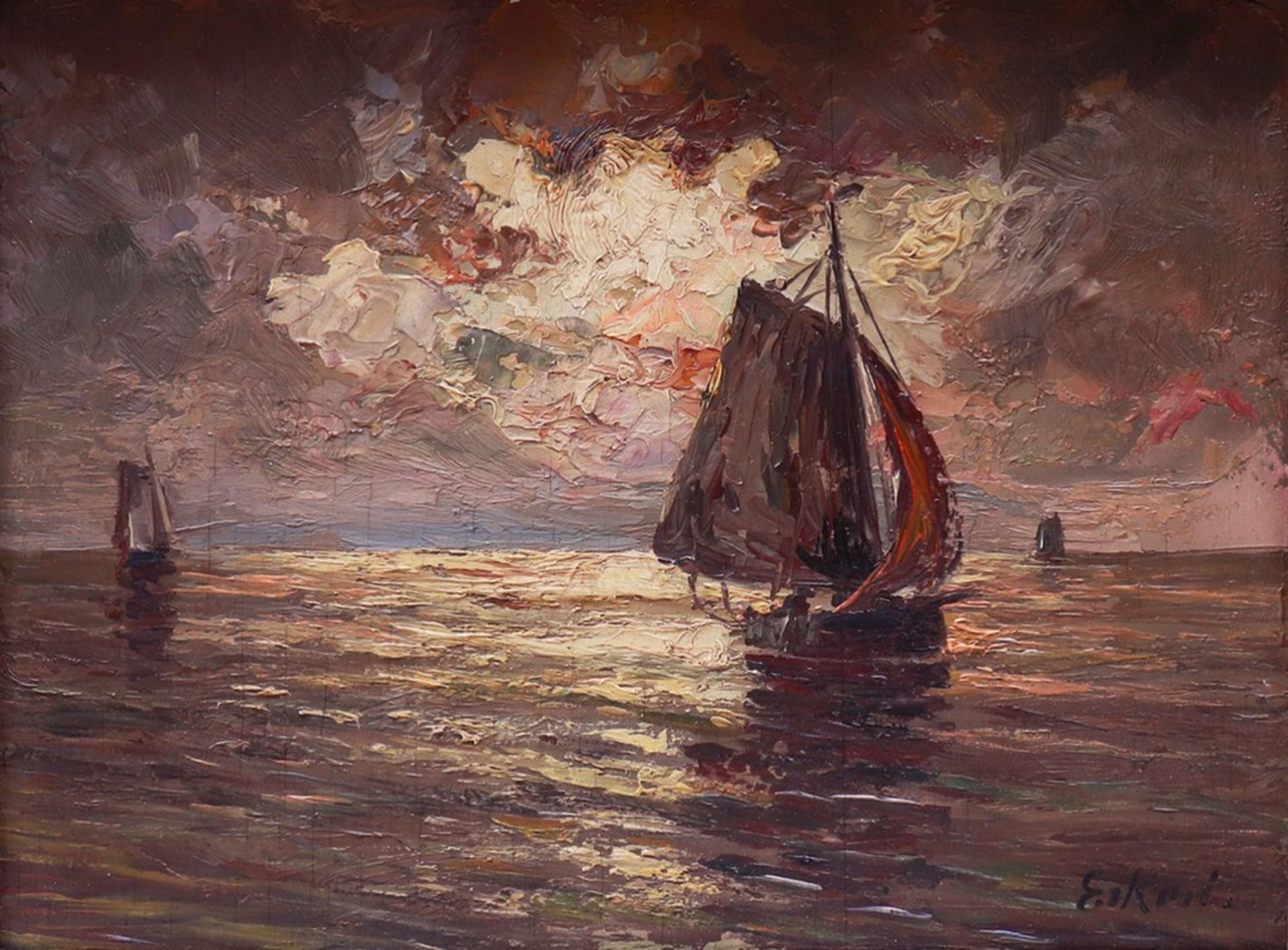 Sailboats at dusk, probably 1920s - Image 2 of 4