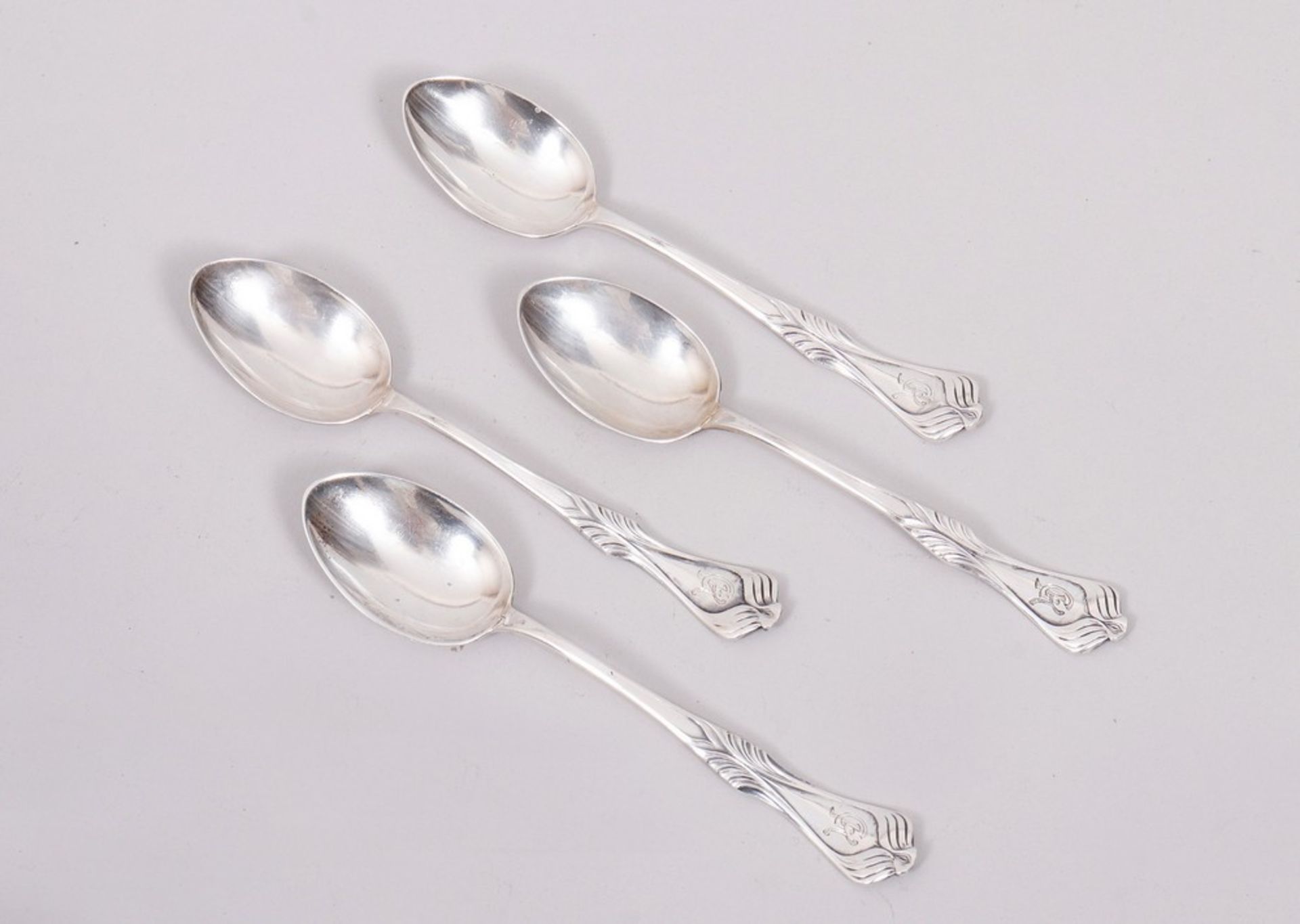 4 Art Nouveau mocha spoons, 800 silver, Vereinigte Silberwarenfabriken, Düsseldorf, c. 1900