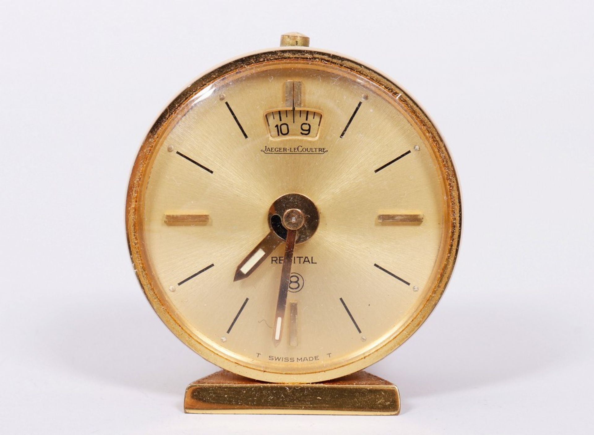 Travel alarm clock/table clock in the original case, Jaeger Le Coultre, mid-20th C.