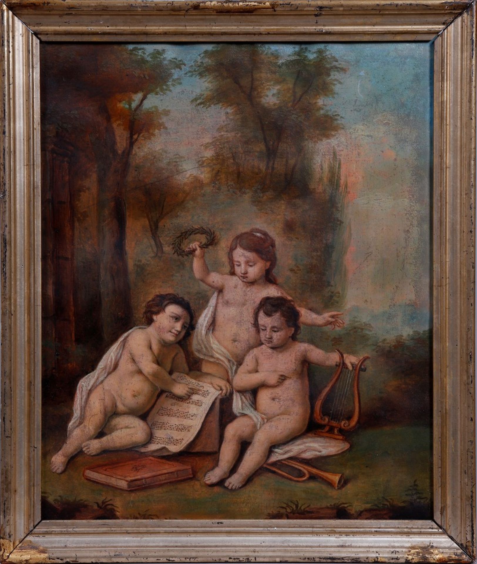 Allegorical depiction of music with three putti in an Arcadian landscape, Anonymous