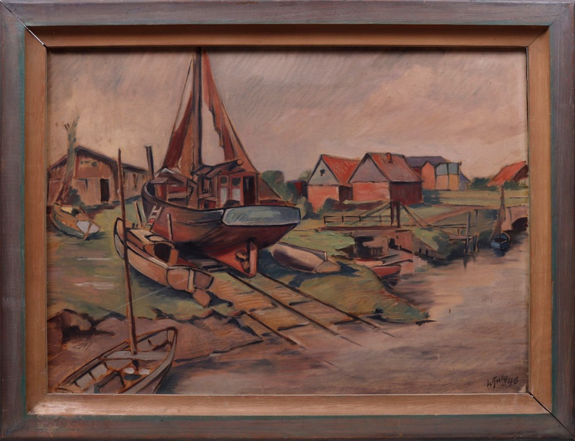 View of a small shipyard with sailing boats