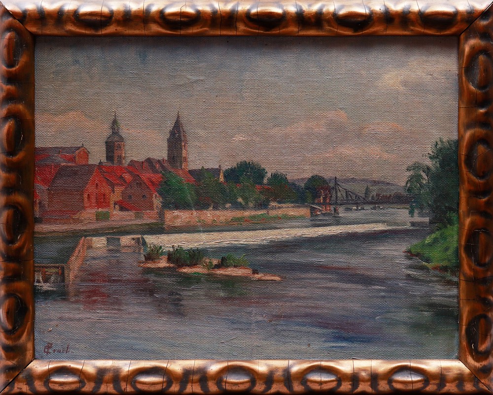 Stadtansicht mit Fluss und alter Brücke, 1. Hälfte 20.Jh.