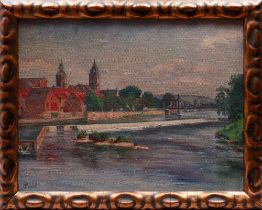 Stadtansicht mit Fluss und alter Brücke, 1. Hälfte 20.Jh.