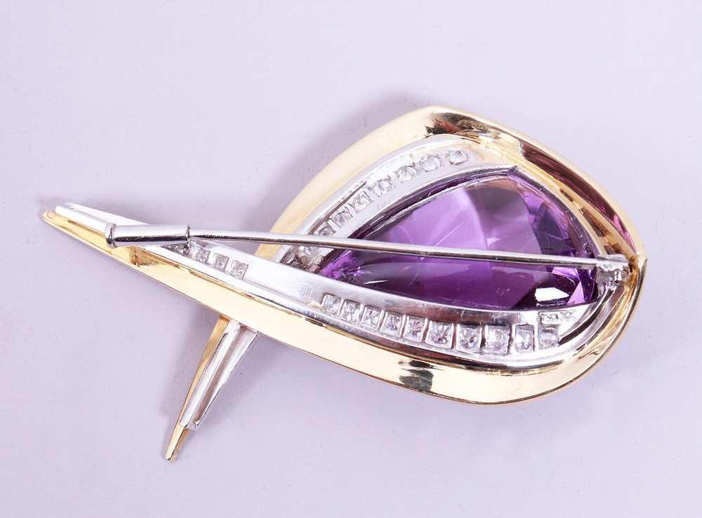 Amethyst brooch, 750 yellow gold/white gold, 20th C. - Image 6 of 7