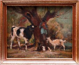 Shepherd leaning against a tree with a cow and goats