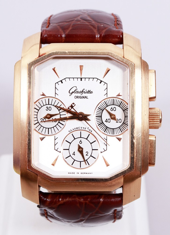 Herren-Armbanduhr, 750er Rotgold, Glashütte, Modell "Senator Karree Chronograph" - Bild 2 aus 12