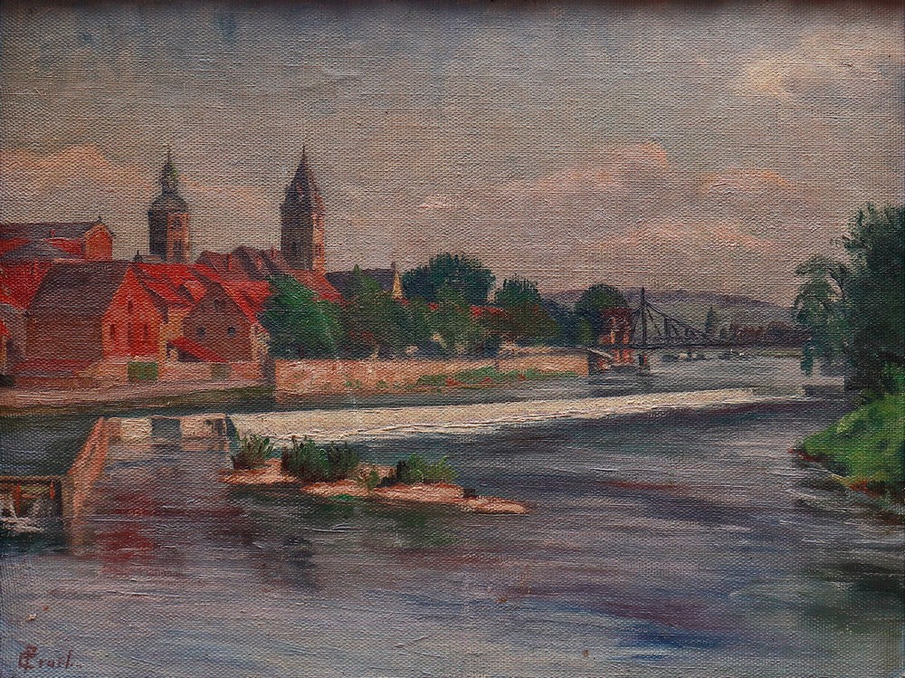 Stadtansicht mit Fluss und alter Brücke, 1. Hälfte 20.Jh. - Bild 2 aus 4