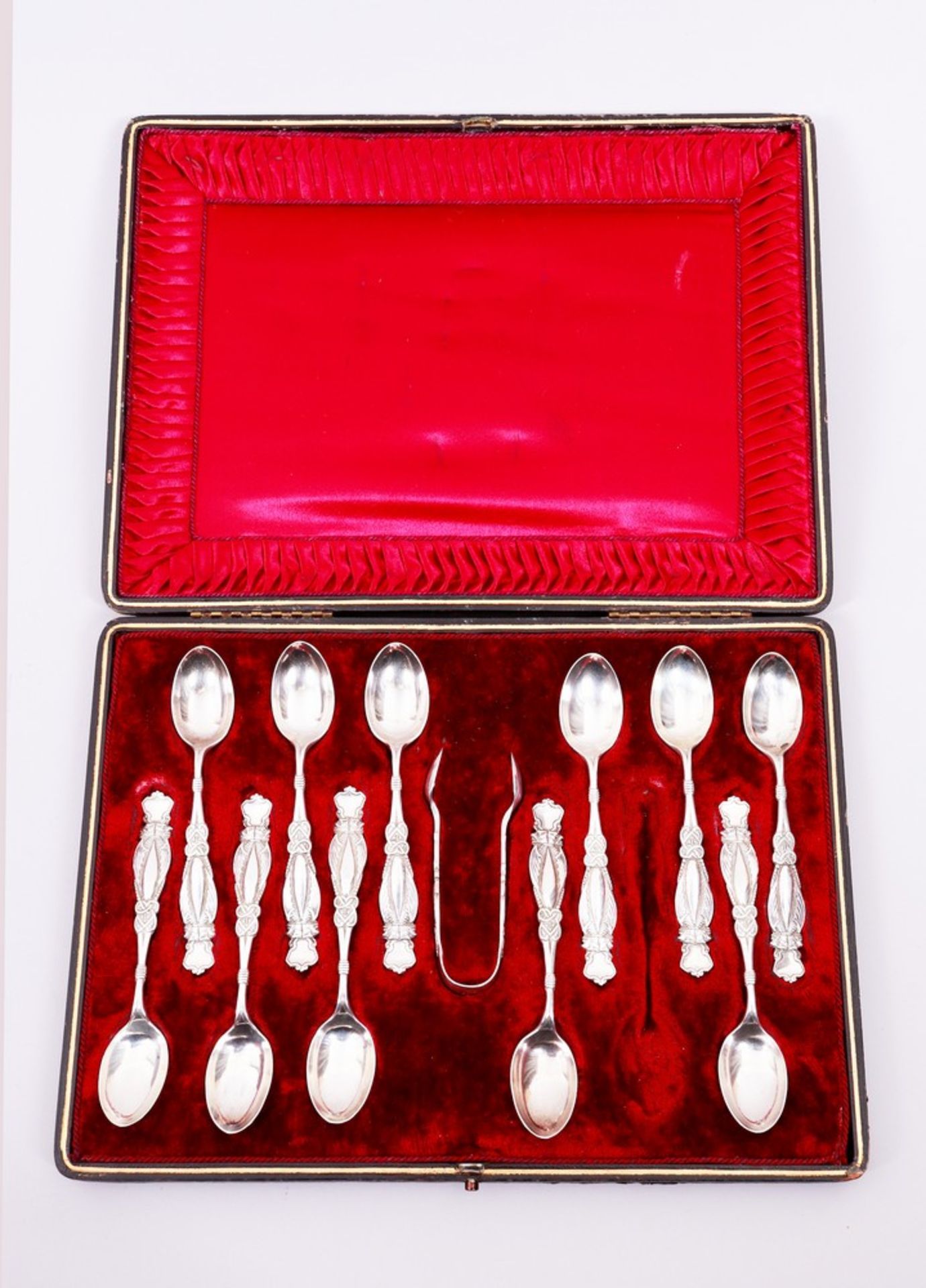 11 coffee spoons and sugar tongs in box, 925 silver, John William Caldicott, Birmingham, c. 1890-91 - Image 8 of 8