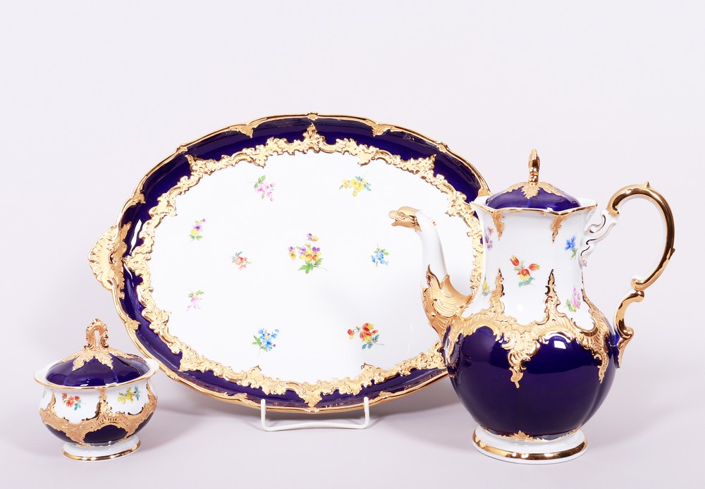 Coffee service for 6 persons, Meissen, B-shape, cobalt blue background, 2nd half 20th C. - Image 3 of 11