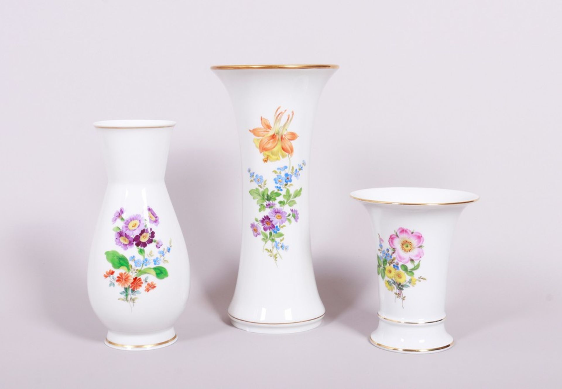 3 Vasen, Meissen, Dekor "Deutsche Blume", 20. Jh.
