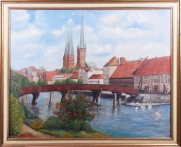 Blick auf Lübeck vom Malerwinkel, im Vordergrund die Dankwartsbrücke, 1977