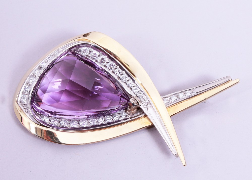 Amethyst brooch, 750 yellow gold/white gold, 20th C. - Image 2 of 7