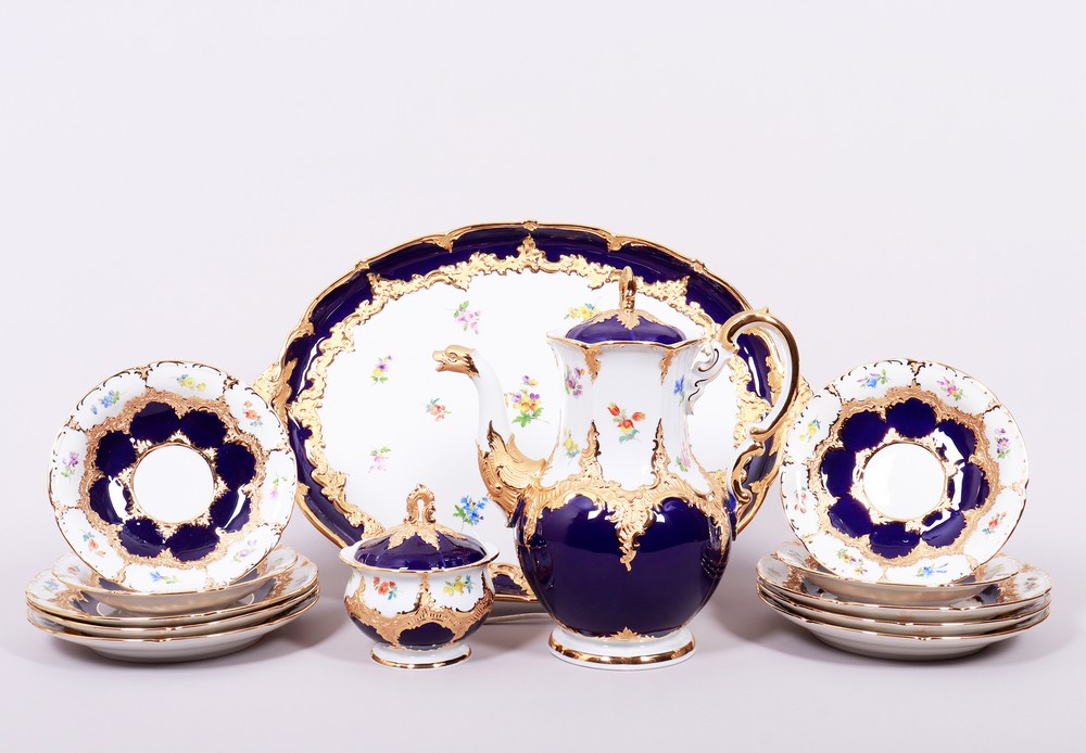 Coffee service for 6 persons, Meissen, B-shape, cobalt blue background, 2nd half 20th C. - Image 2 of 11