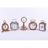 4 table alarm clocks, France, c. 1900/20, 5 pieces