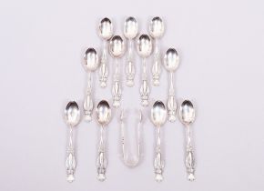 11 coffee spoons and sugar tongs in box, 925 silver, John William Caldicott, Birmingham, c. 1890-91