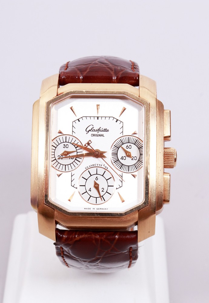 Herren-Armbanduhr, 750er Rotgold, Glashütte, Modell "Senator Karree Chronograph"