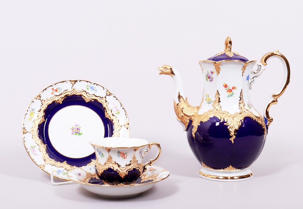 Coffee service for 6 persons, Meissen, B-shape, cobalt blue background, 2nd half 20th C. - Image 4 of 11
