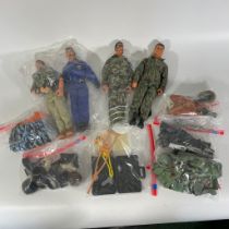 4 Action Men figures with assorted clothing, weapons, kit, camouflage etc.