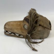 A carved wood tribal ceremonial horses head mask with Abolone shell teeth and eyes.  36cm x 18cm
