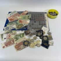 A collection of Victorian and later coins in one album, loose, and assorted banknotes.  Including