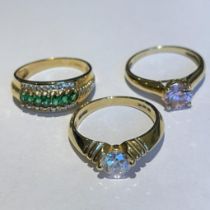 A collection of three 14ct yellow gold Cubic Zirconia and gem set rings. All size Q. Gross weight