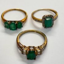 A group of three 9ct gold emerald set dress rings.  All size Q. Gross approximate weight 7.5 grams.