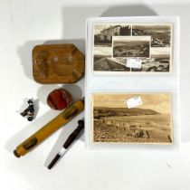 A collection of bygones and collectables to include a Robert Mouseman carved oak ashtray, a