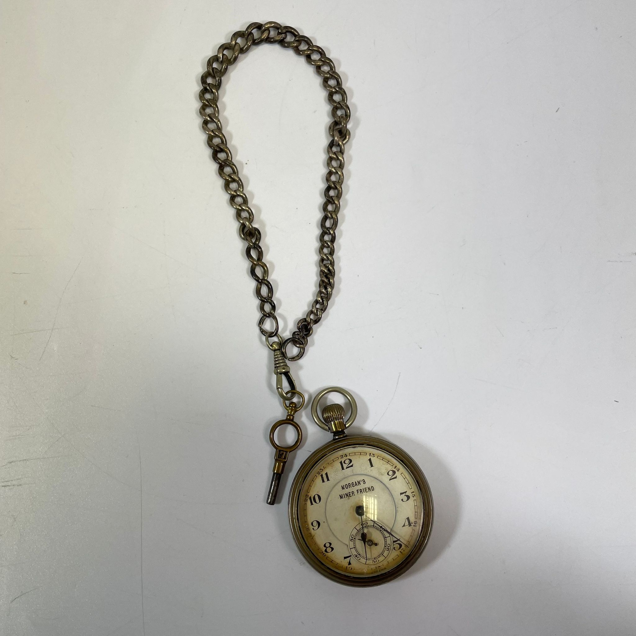 A Morgan's Miner Friend silver plated pocket watch. Case diameter 48mm. Winds and appears to run - Bild 3 aus 3