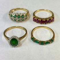 A group of four vibrantly coloured gemstone 9ct gold rings. Featuring a ruby half hoop ring, and