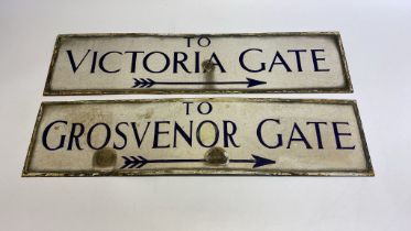 2 enamel signs to Grosvenor Gate and to Victoria Gate.  71cm x 18cm both with some chipping to