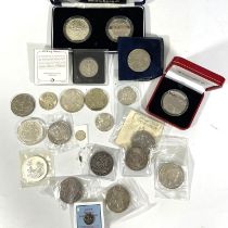 4 Britannia £2 silver coins and a £5 silver coin.  A pobjoy mint 5 Rupees coin, A Victorian crown