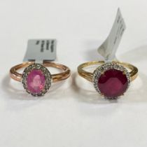 Two 9ct gold dress rings: a 9ct yellow gold ruby and diamond cluster ring, size R; and a 9ct rose