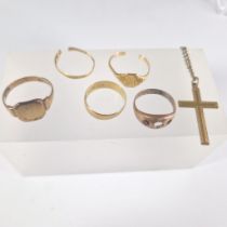 A collection of gold and yellow metal jewellery, comprising three 18ct gold rings, one a band,