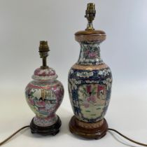 Two Chinese table lamps of baluster shape both with famille rose decoration.  Tallest 44cm