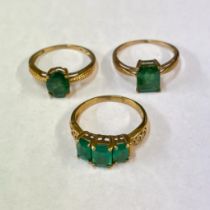 Three 9ct yellow gold emerald dress rings. All size Q Gross weight approximately 7.6 grams. The