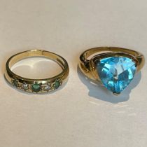 Two 9ct yellow gold dress rings. One gypsy set with emerald and diamond, the other with a large