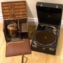 A portable windup picnic 78 rpm gramophone and a wicker En Route type travelling tea basket/picnic