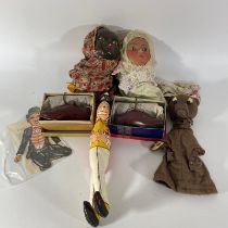 A puppet related collection: 2 x 1830s circa puppet booth dolls, on concertina sping mechanism, with