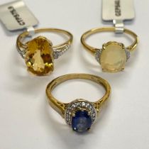 3 9ct Yellow Gold Rings Including A Nuagaon Kyanite & Diamond Ring, An Ethiopian Opal & Diamond Ring